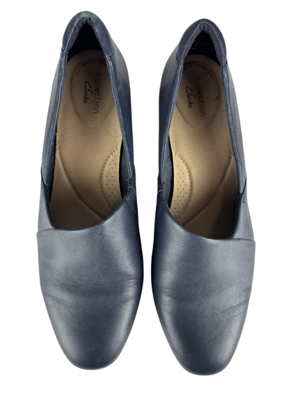 COLLECTIONS BY CLARKS JULIET PALM NAVY LEATHER ROUND TOE SLIP ON HEELS 8 WIDE - Picture 4 of 13